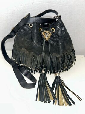 Black Fringe Bucket Crossbody Bag with Tassel Accent